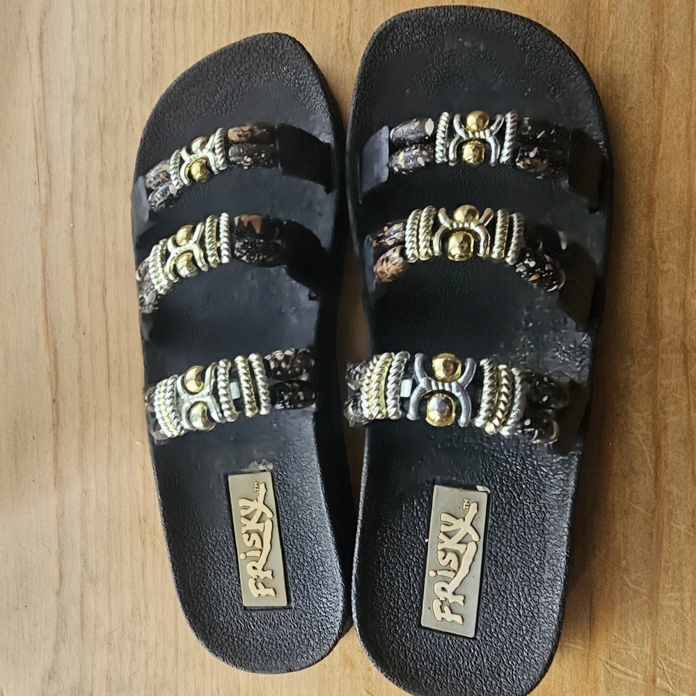 FISKY BRAND - Black and Gold Women's Sandals Size 6